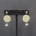 Pierced Earrings Silver tone Ceramic Pottery Bead White Blue 1.25"
