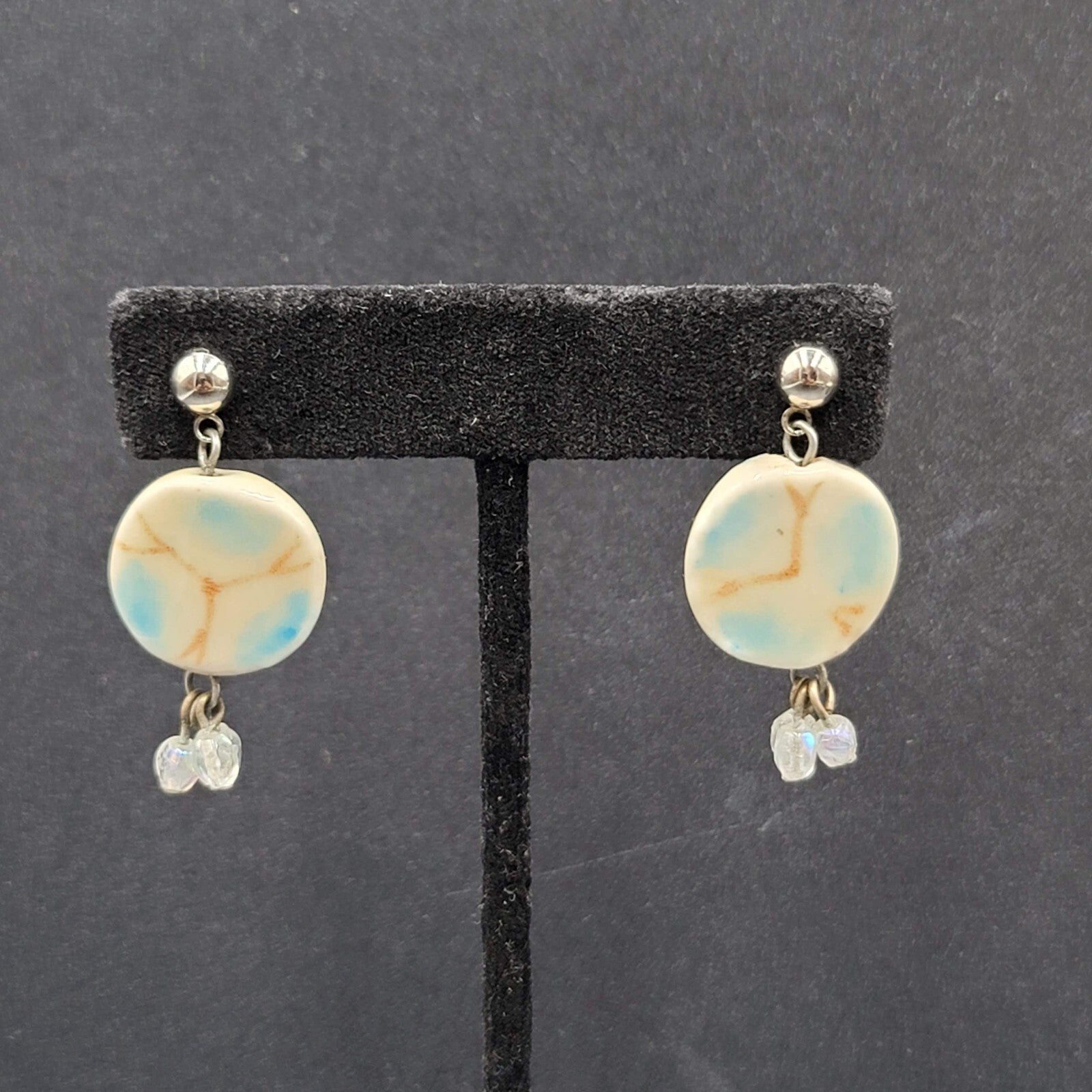 Pierced Earrings Silver tone Ceramic Pottery Bead White Blue 1.25"