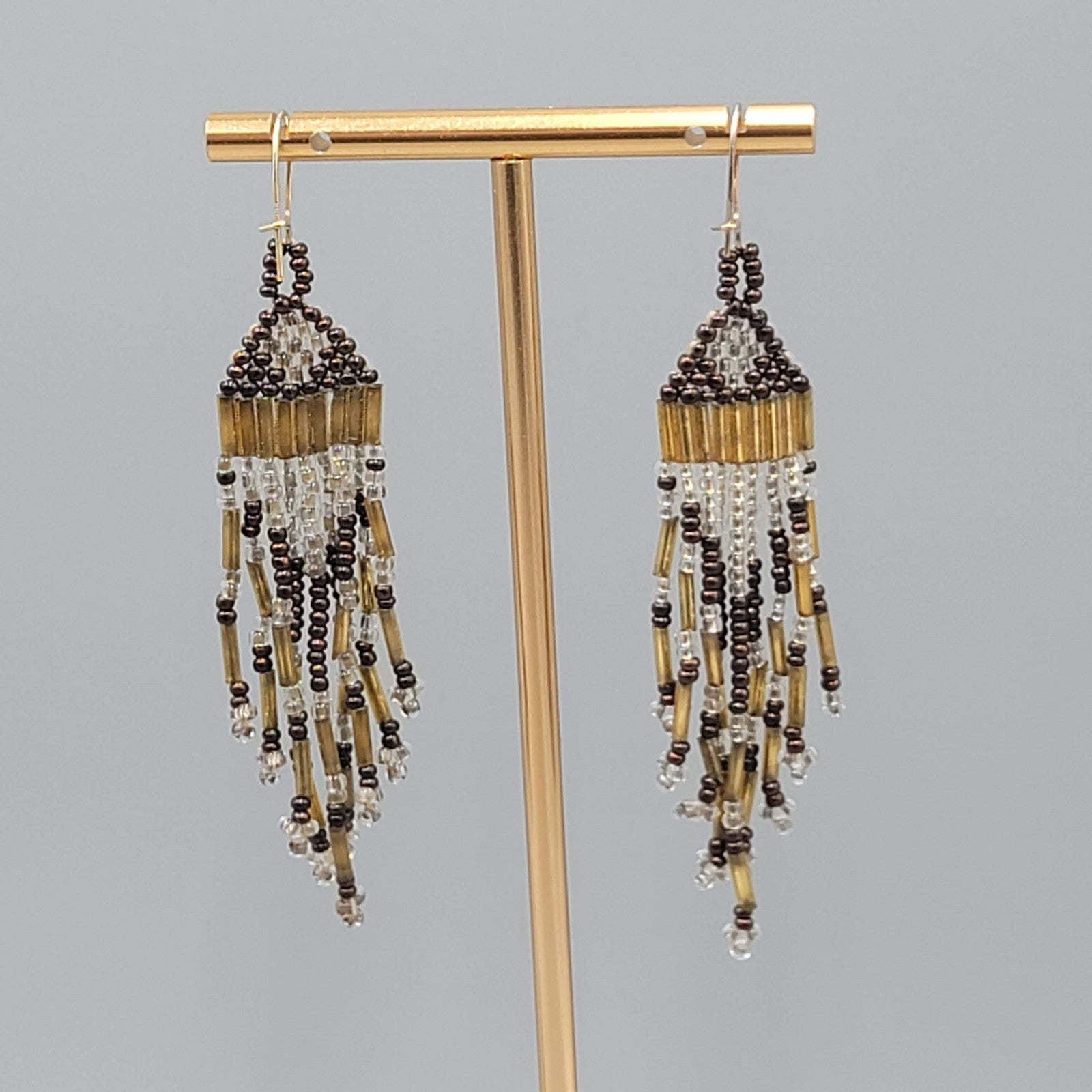 Vintage Seed Bead Tassel Pierced Earrings Clear Gold tone Black 2.75 in