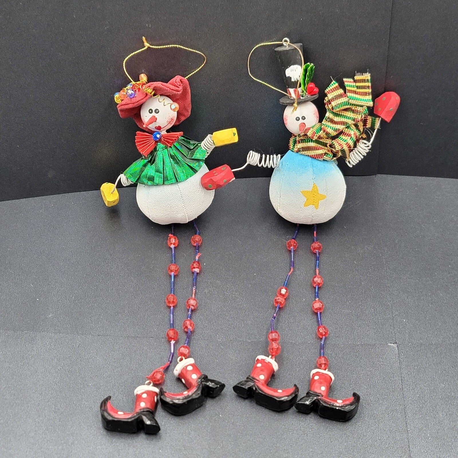 Christmas Snowman Ornament Lot of 2 Hand Painted Wood Canvas Beaded LONG 12"