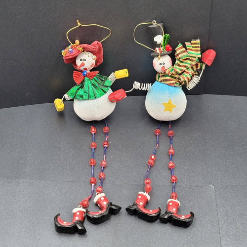 Christmas Snowman Ornament Lot of 2 Hand Painted Wood Canvas Beaded LONG 12"