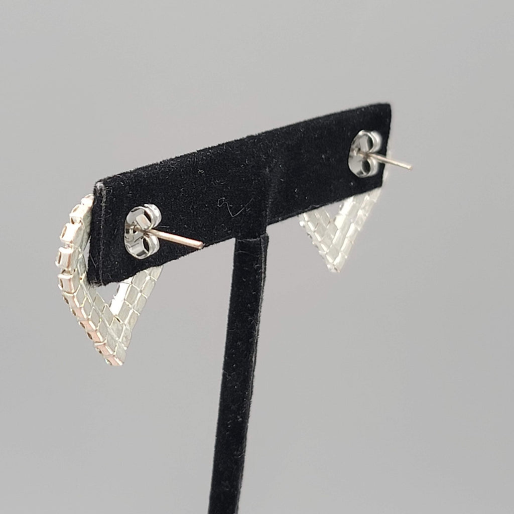 Rhinestone Open Heart Pierced Earrings Silver tone Drop 1 in