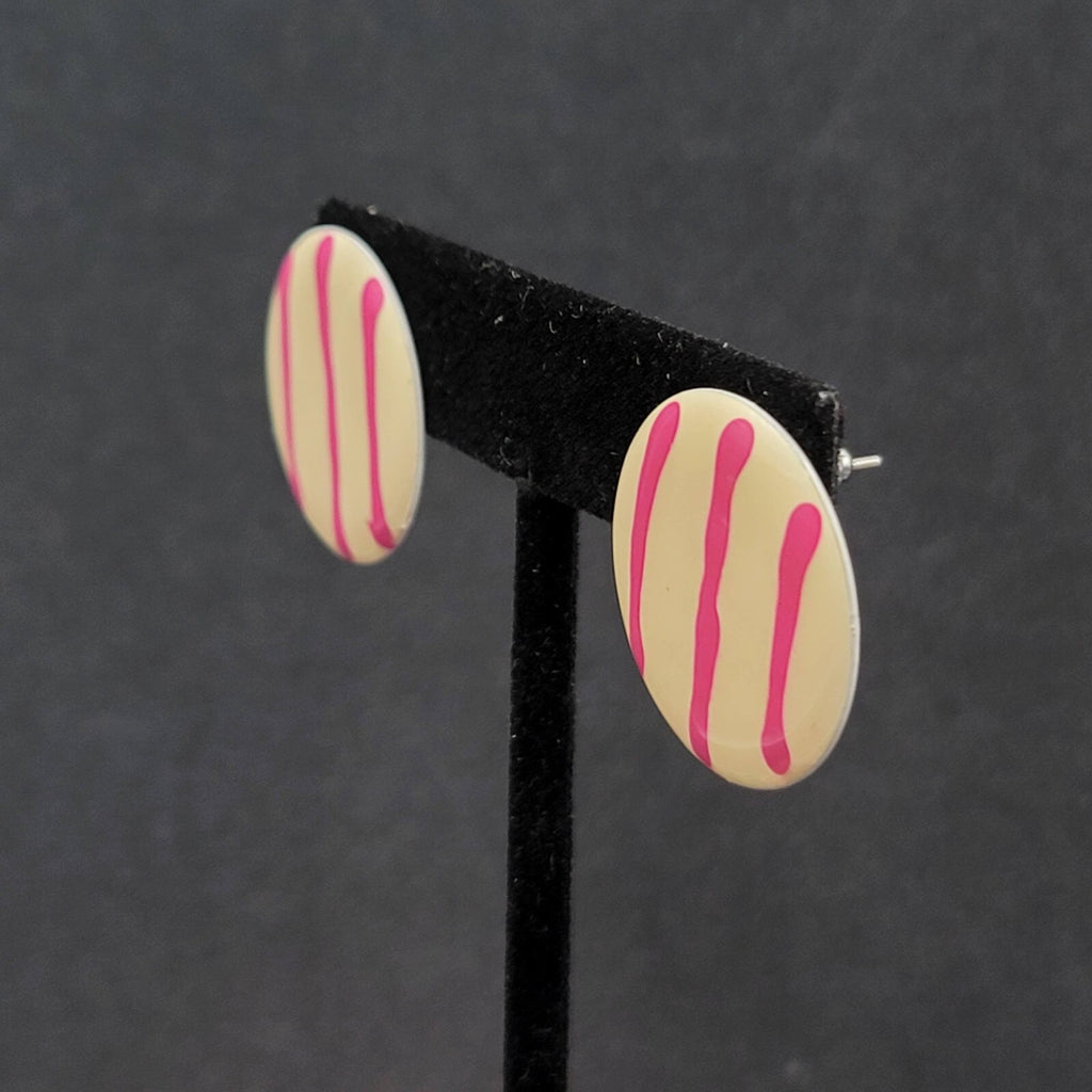 Vintage Pierced Earrings White Purple Stripes Round Disc 1"