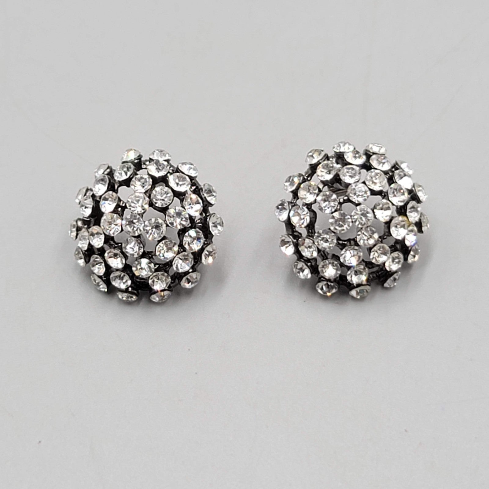 Crystal Dome Pierced Earrings Black Metal Drop 7/8 in