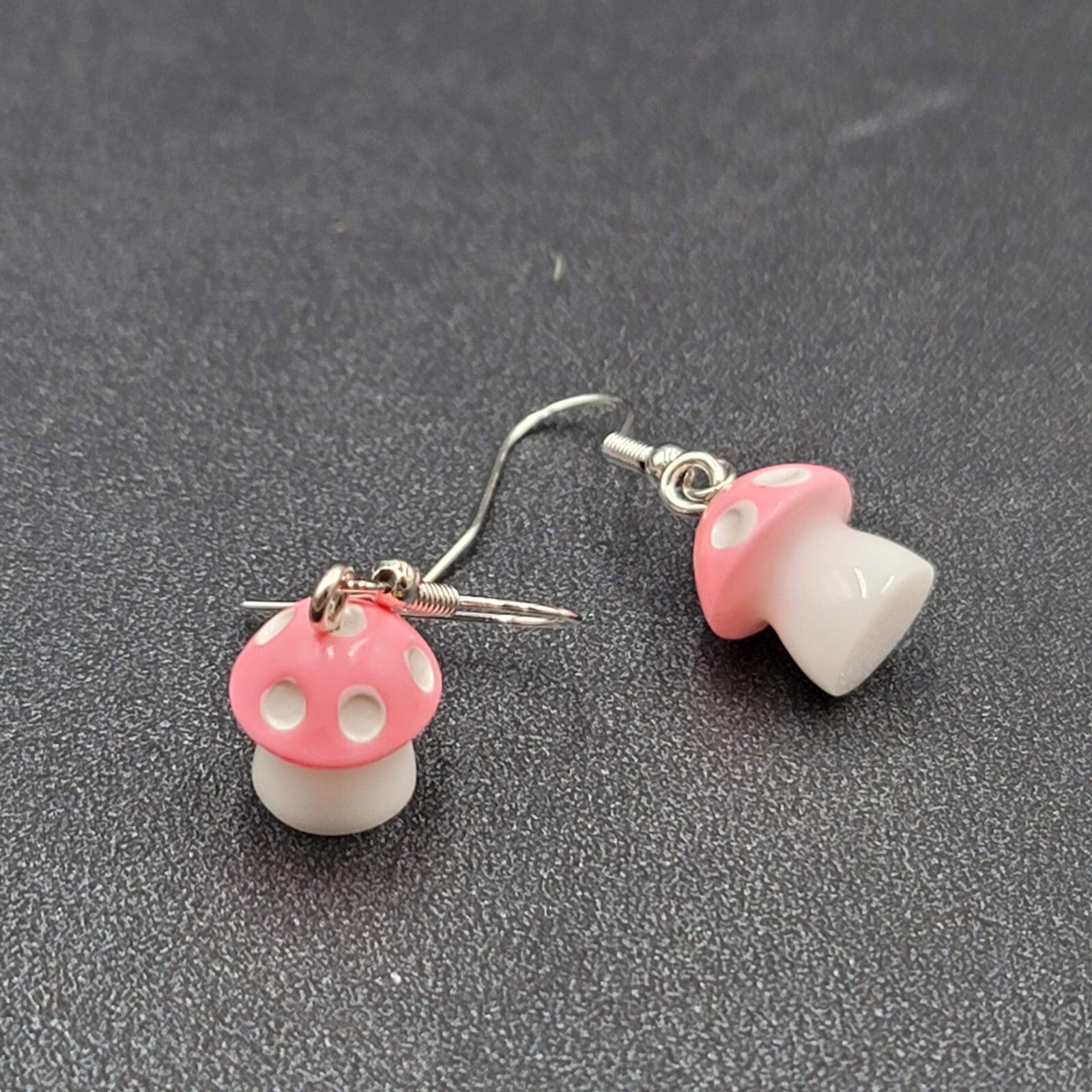 Pierced Earrings Pink White Polka Dot Mushroom Dangle  5/8"