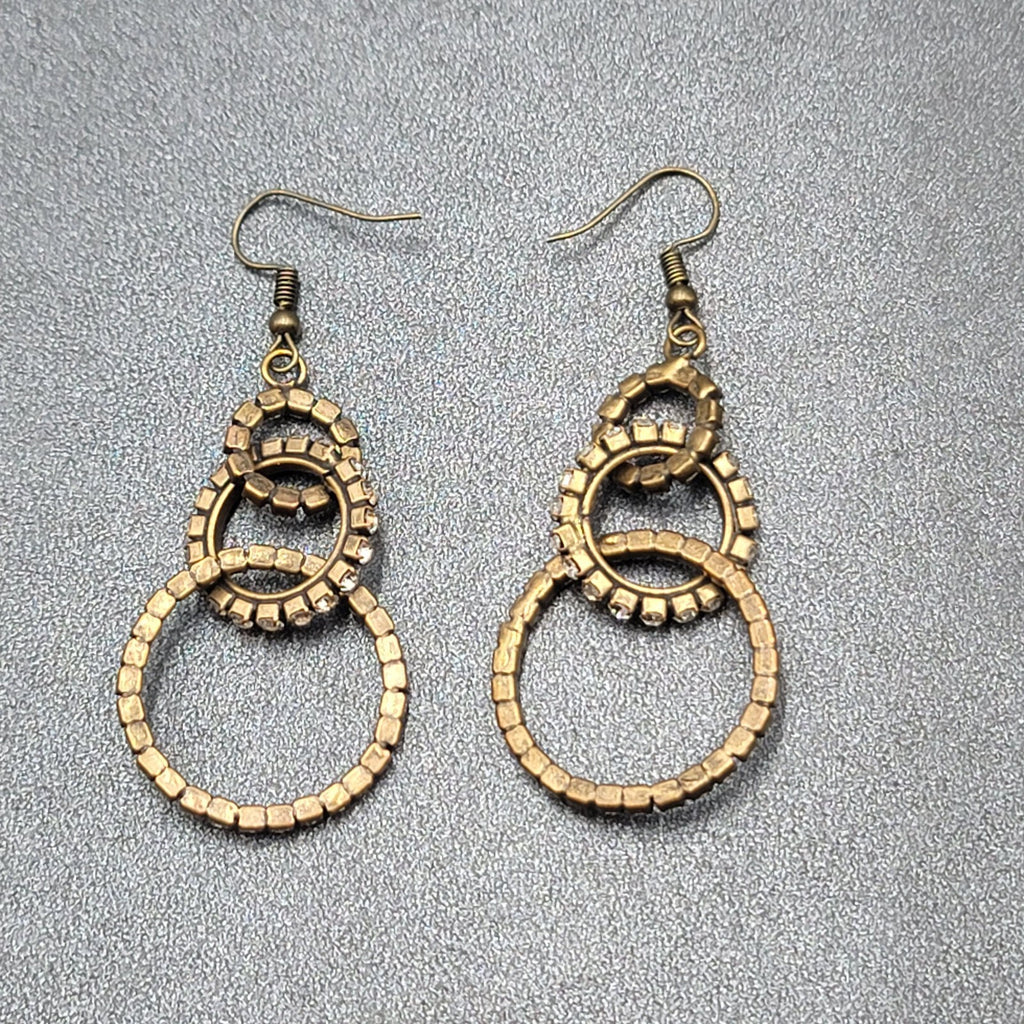 Pierced Earrings Bronze tone Concentric Circles Crystal Studded Dangle  2"