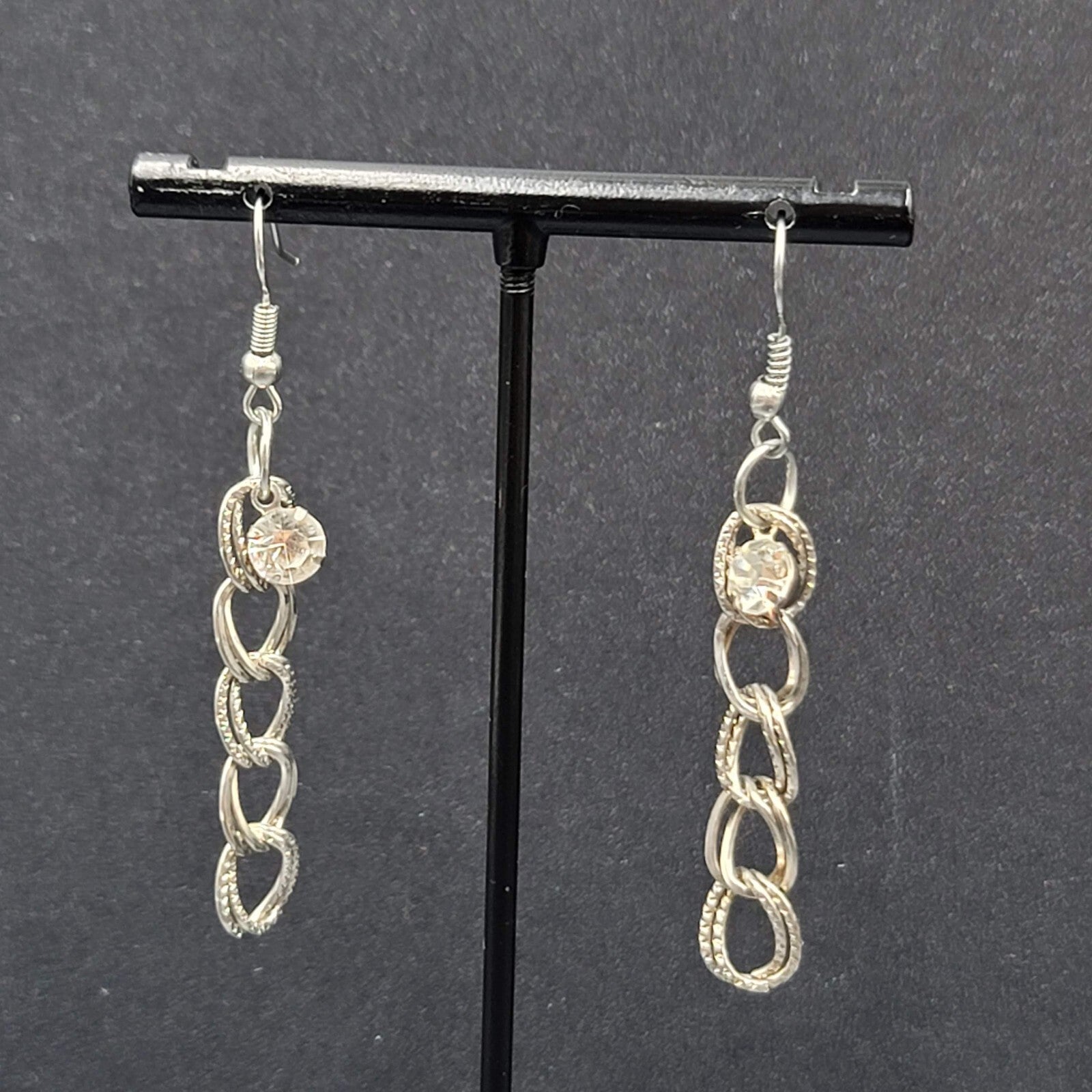 Pierced Earrings Silver tone Rhinestone Dangle Chain 1.75"