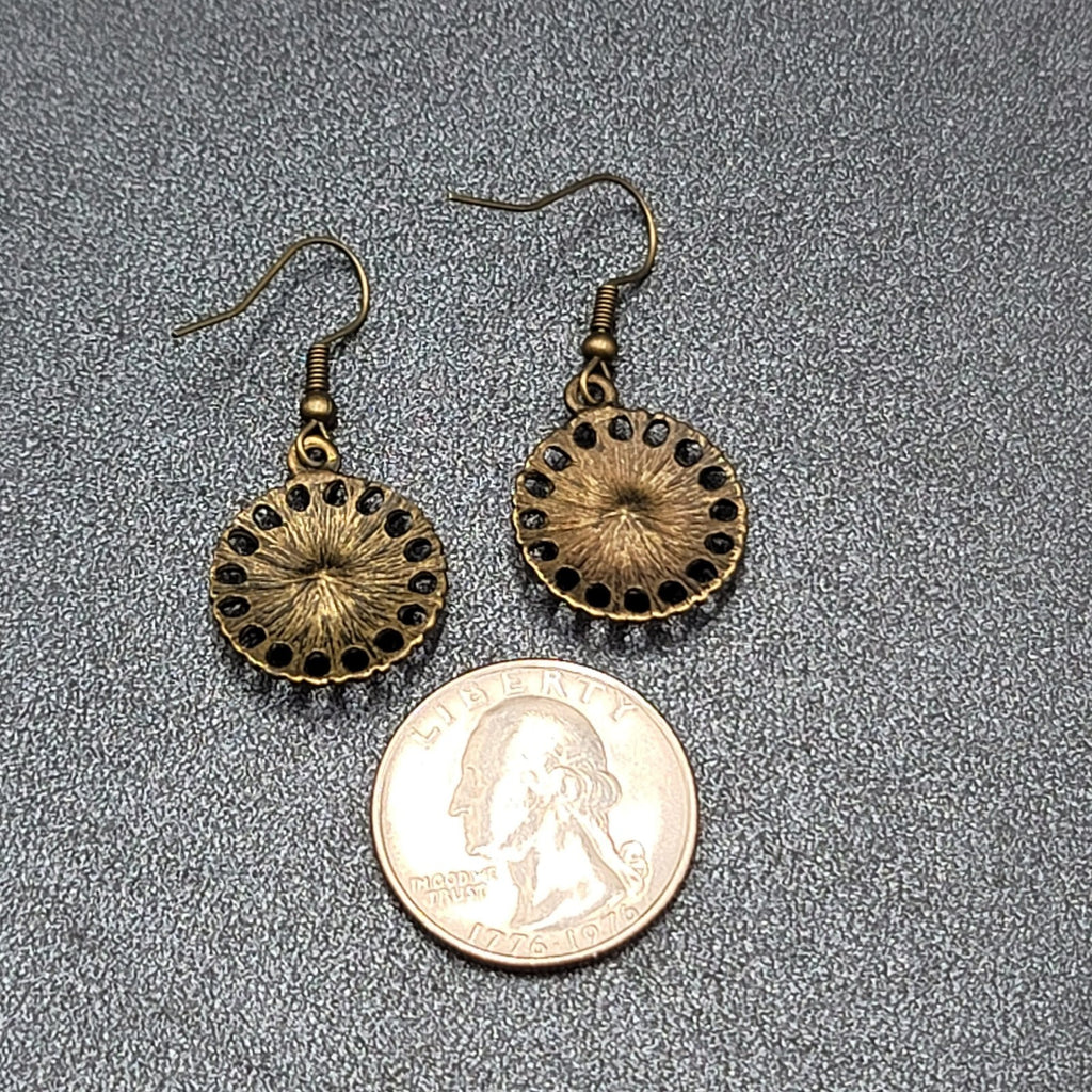 Pierced Earrings Bronze tone Orange Rhinestone Round Filigree 7/8"