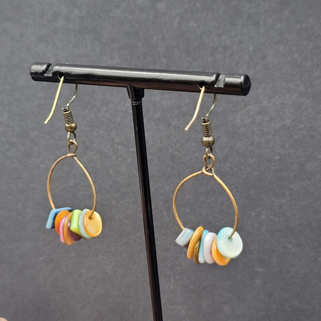 Pierced Earrings Multicolor Shell Beads Dangle Hoops 1 1/8"