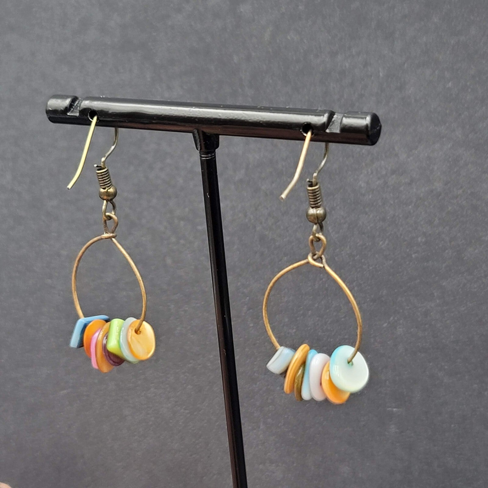 Pierced Earrings Multicolor Shell Beads Dangle Hoops 1 1/8"