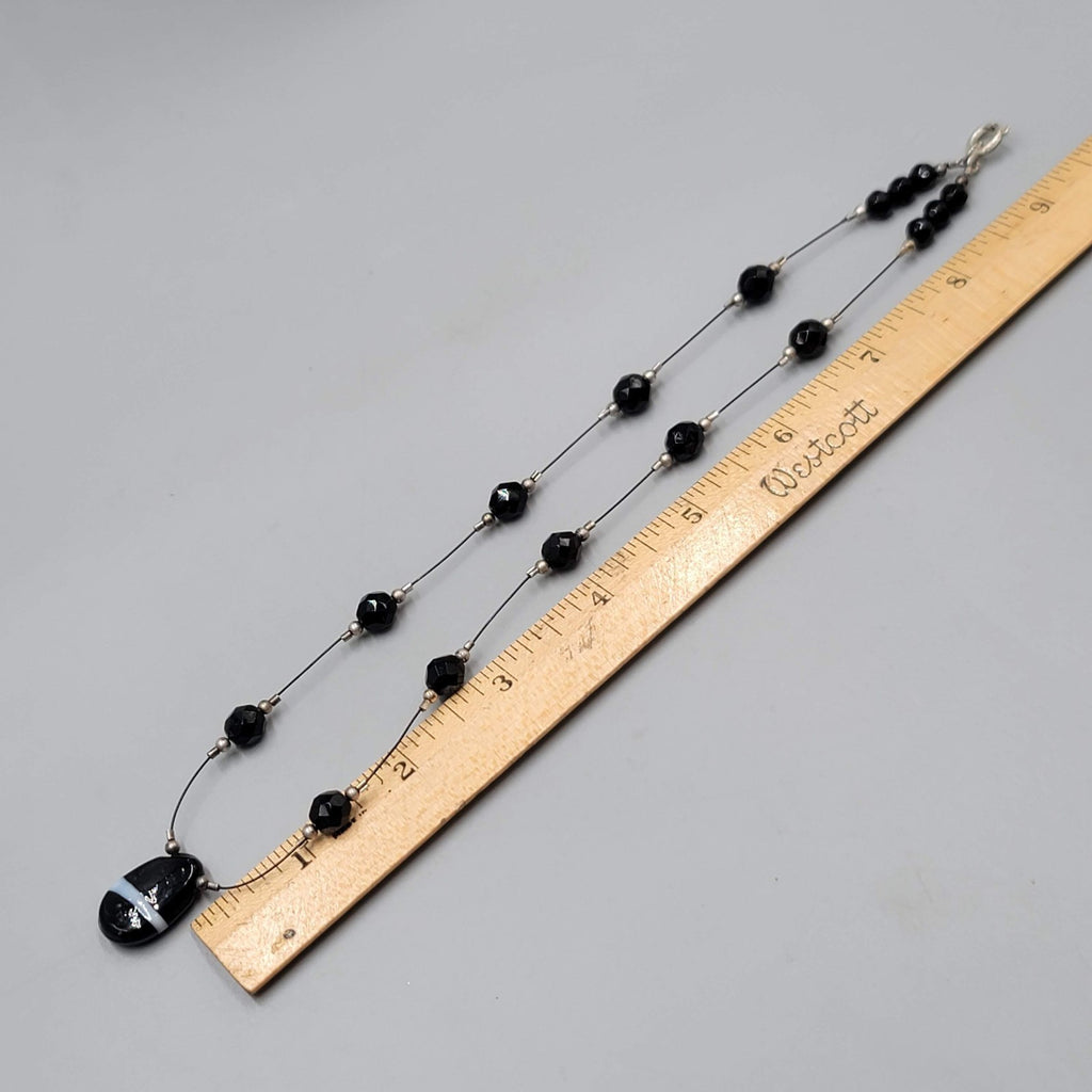 Black Glass Bead Station Necklace Silver tone 18"