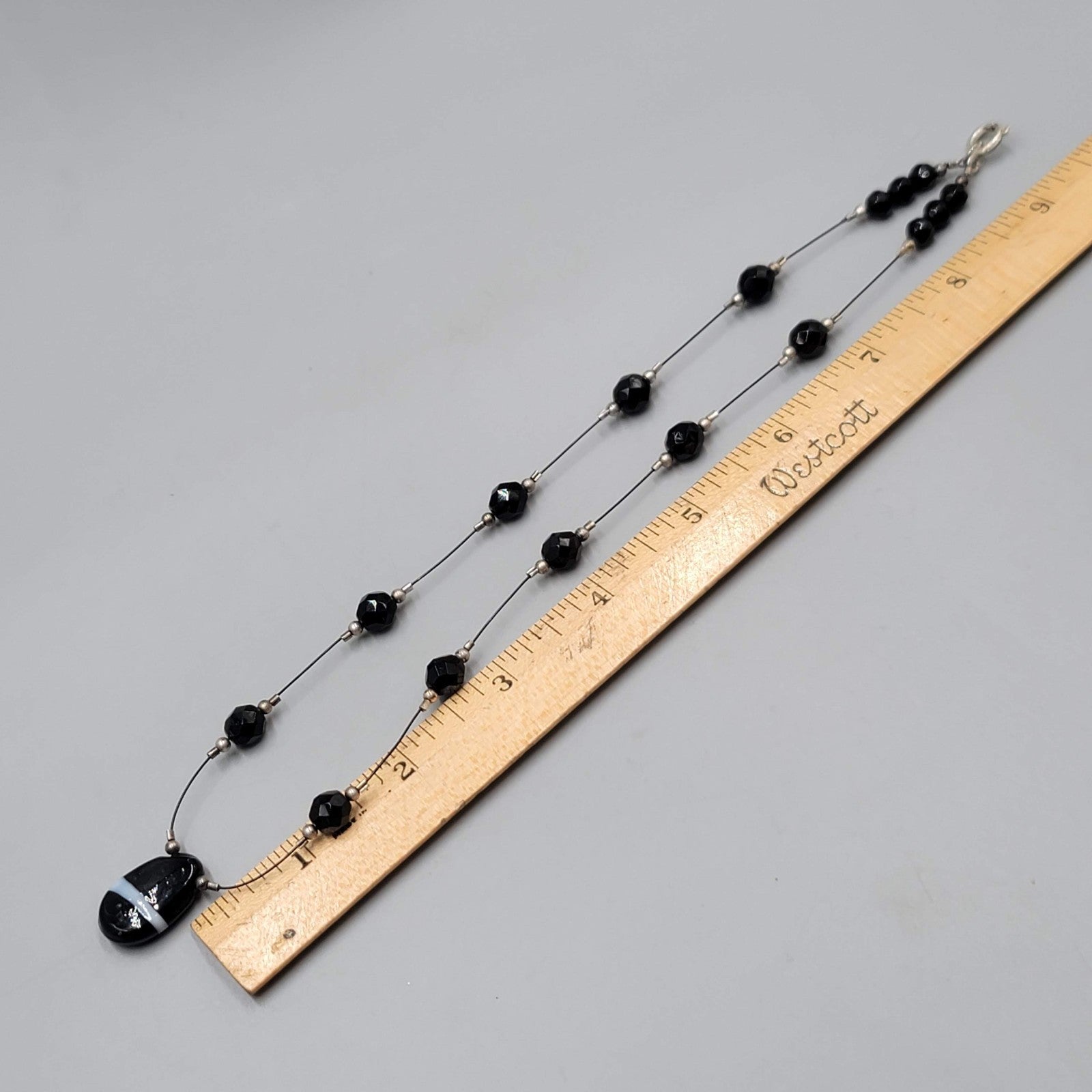 Black Glass Bead Station Necklace Silver tone 18"