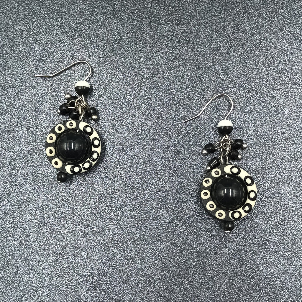 Pierced Earrings Black White Acrylic Captive Bead Statement Dangle 1 1/2"