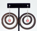 Large Wooden Spinner Circles Pierced Earrings 2" Silver tone Pink Enamel 