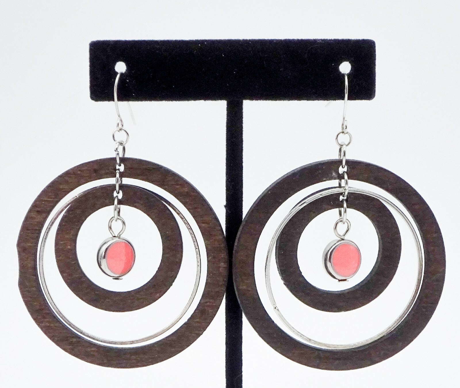 Large Wooden Spinner Circles Pierced Earrings 2" Silver tone Pink Enamel 