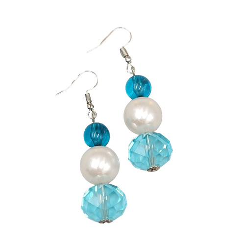Blue Class Bead Pierced Earrings Imitation Pearl Silver tone Dangle  1.5"