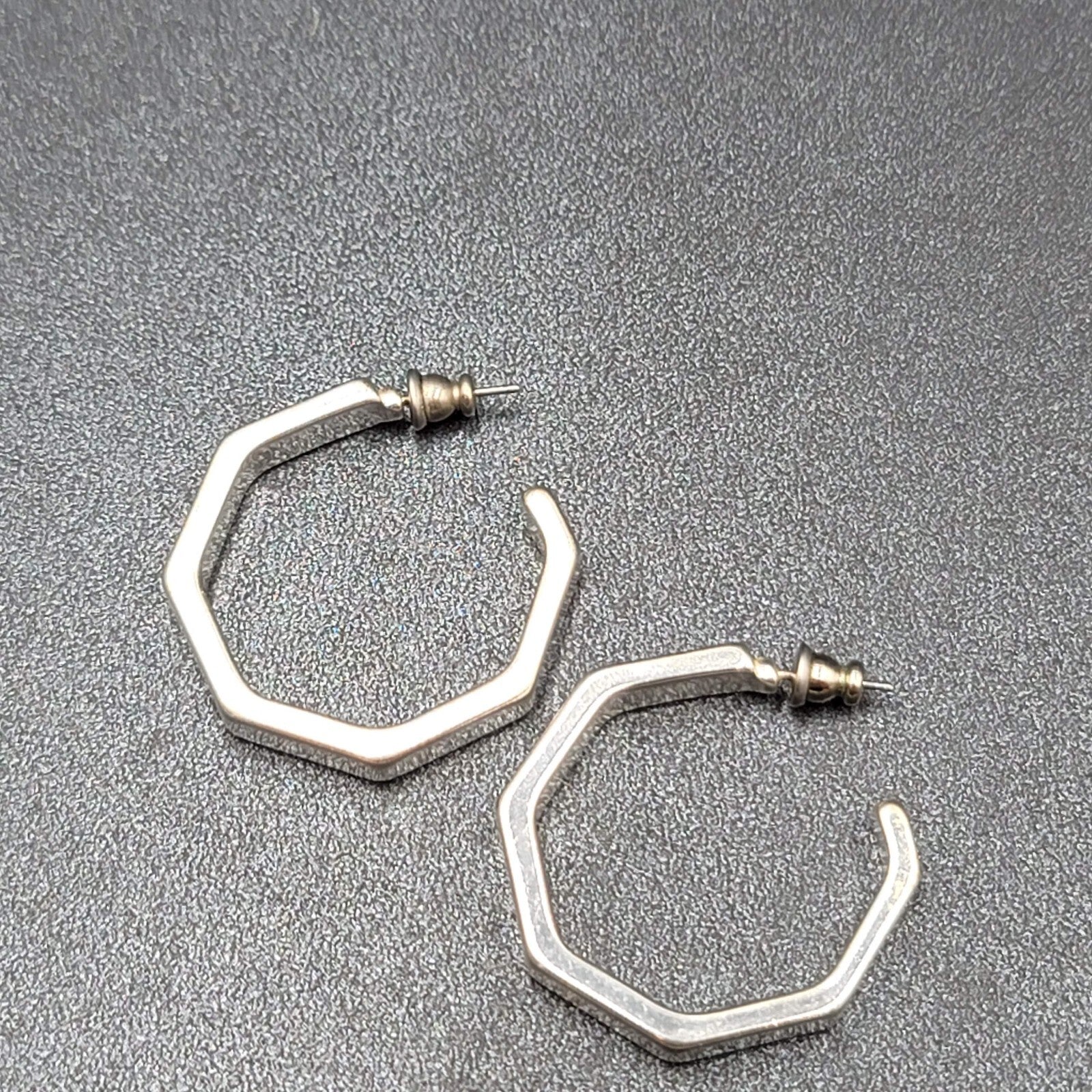 Pierced Earrings Hexagon Silver tone Hoops 1 1/8"