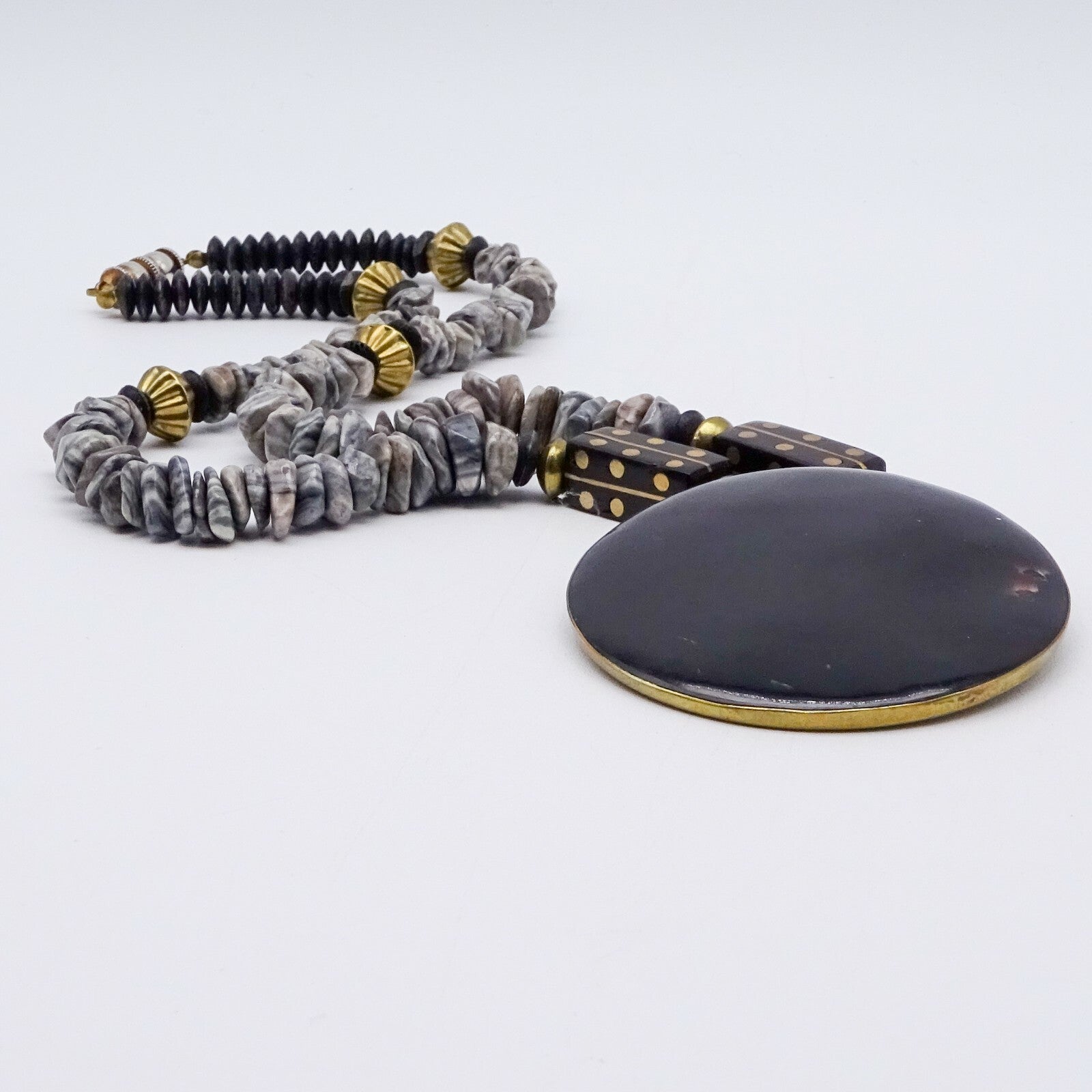 Boho Ethnic Necklace Gray Stone Beads Enamel Brass Inlay Pendant 24"