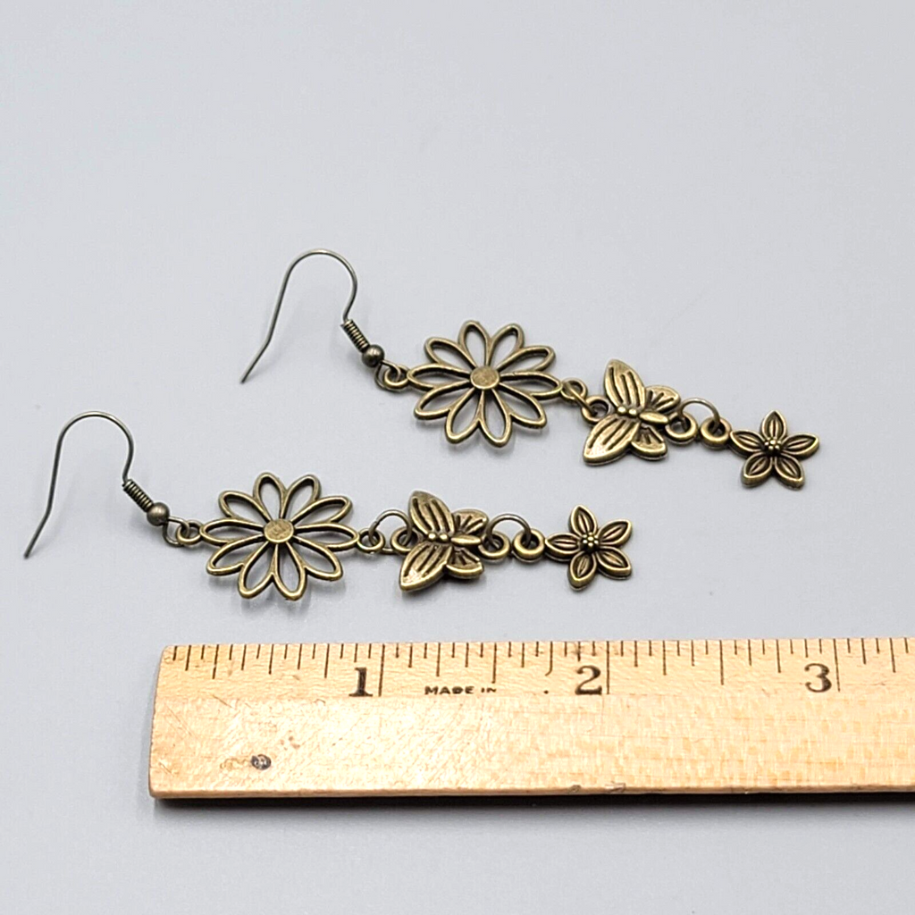 New Flower Butterfly Pierced Earrings Bronze tone Triple Dangle 2 1/8"