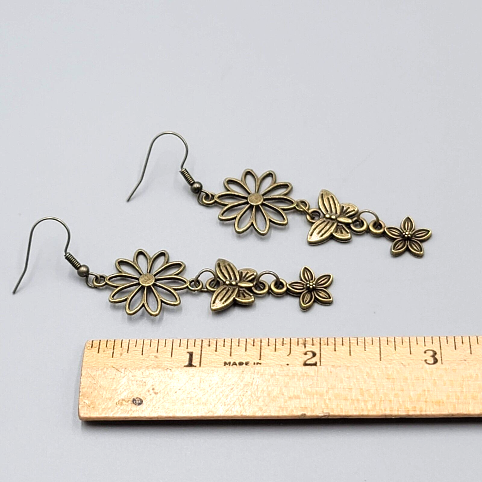 New Flower Butterfly Pierced Earrings Bronze tone Triple Dangle 2 1/8"