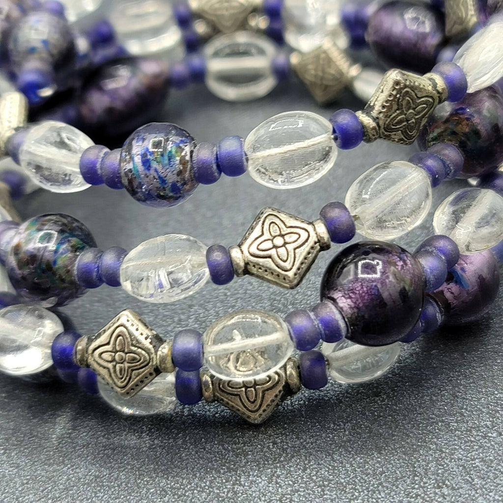 Memory Wire Bracelet Purple Silver tone Clear Glass Beads 