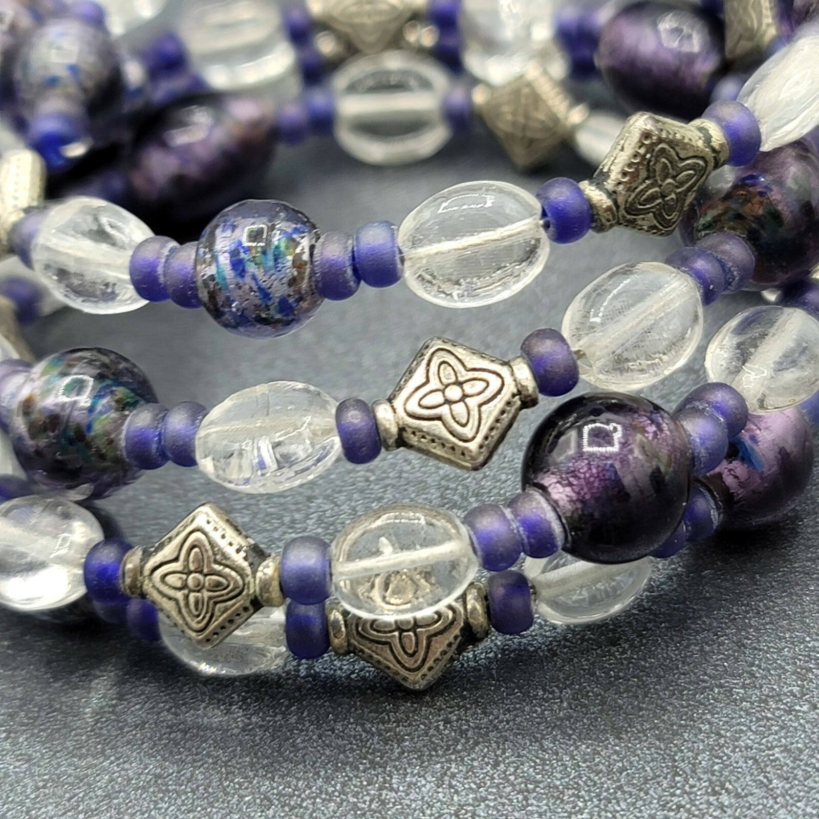 Memory Wire Bracelet Purple Silver tone Clear Glass Beads 