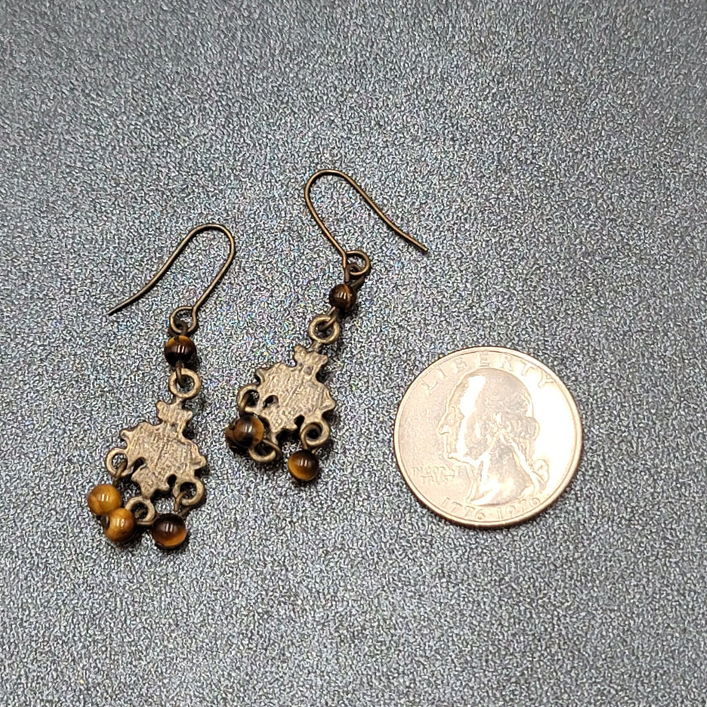 Pierced Earrings Bronze tone Tigers Eye Bead Orange Rhinestone Dangle 1.25"