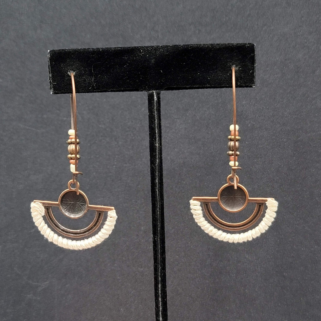 New Boho Pierced Earrings Copper tone Beaded White Dangle Large Hook 2.25"