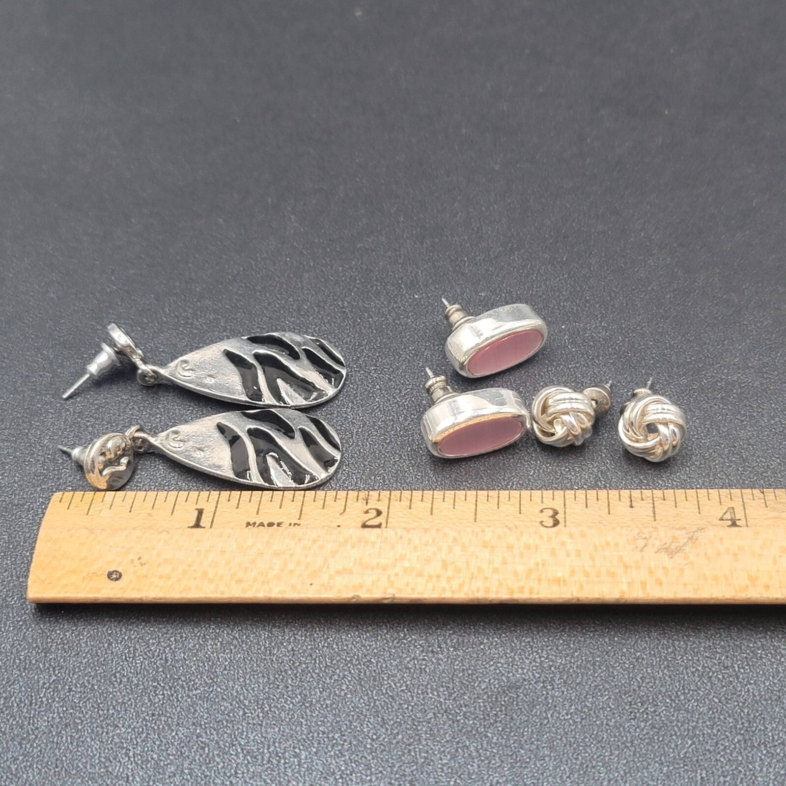 Lot of 3 Pierced Earrings Silver tone Pink Cats Eye Black Enamel Dangle Studs