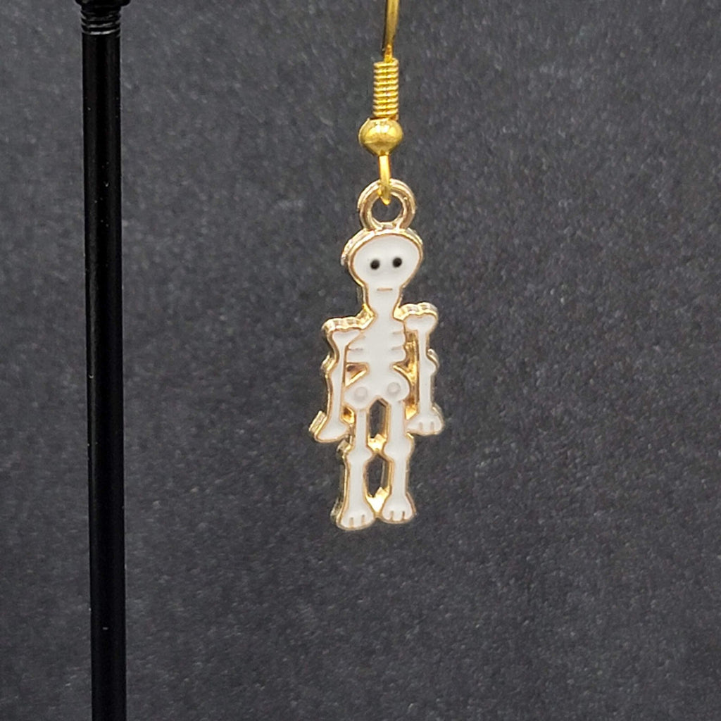 Halloween Skeleton Pierced Earrings Gold tone White Enamel Dangle 1"