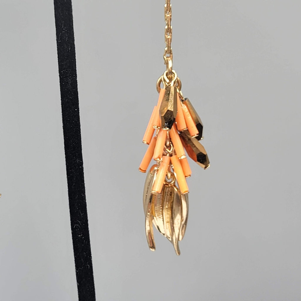 Vintage Pierced Earrings Gold tone Leaf Charms Peach Beads LONG 3.75"