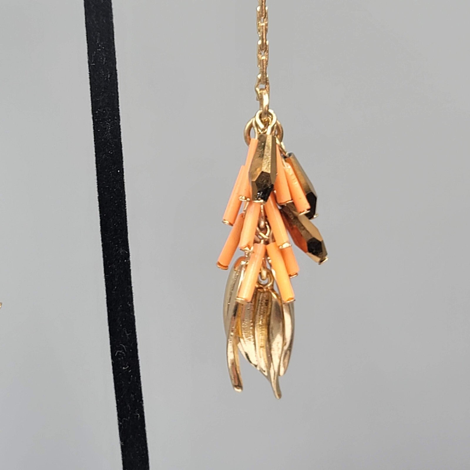 Vintage Pierced Earrings Gold tone Leaf Charms Peach Beads LONG 3.75"