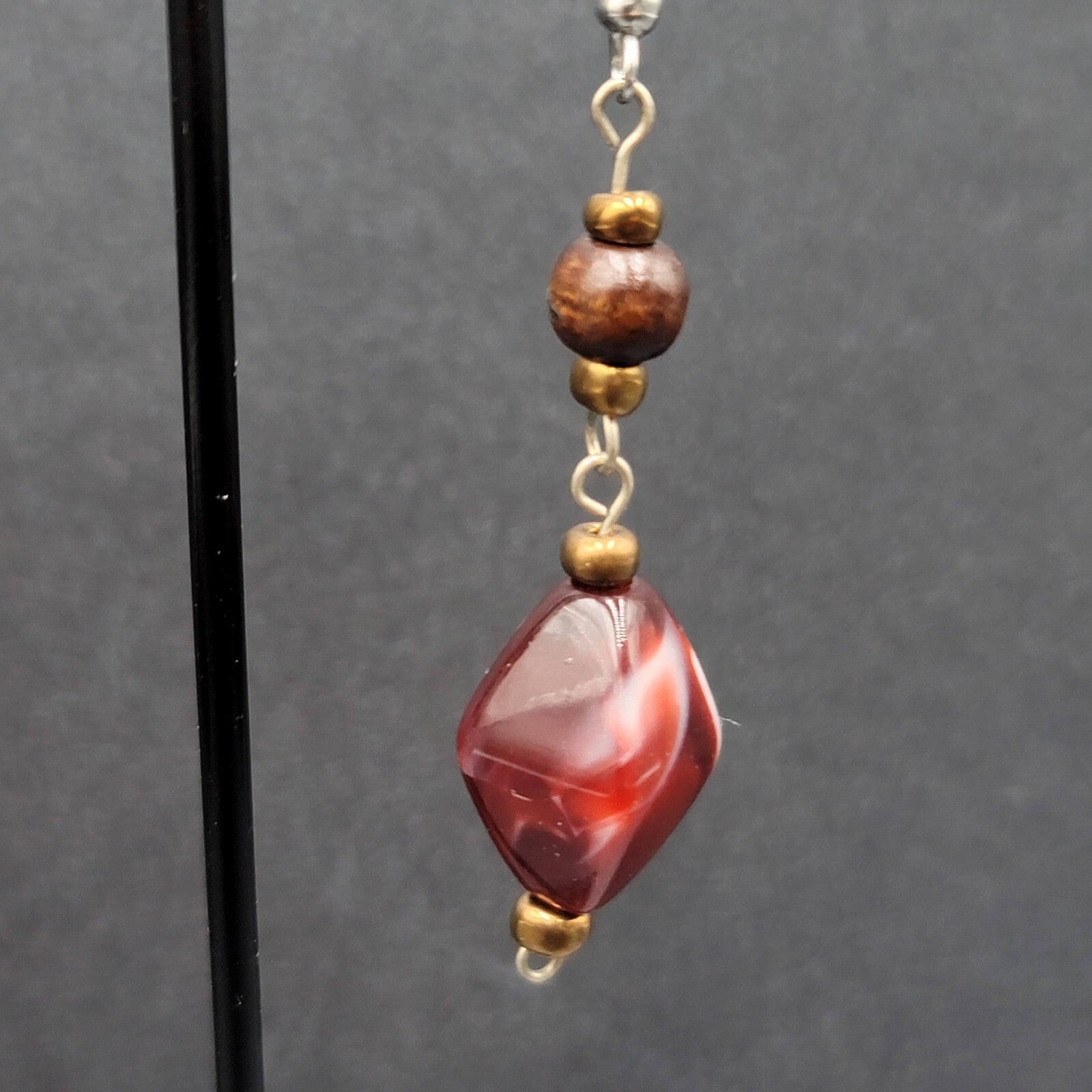 Pierced Earrings Wood Bead Red Swirl Acrylic Bead Dangle  1.75"