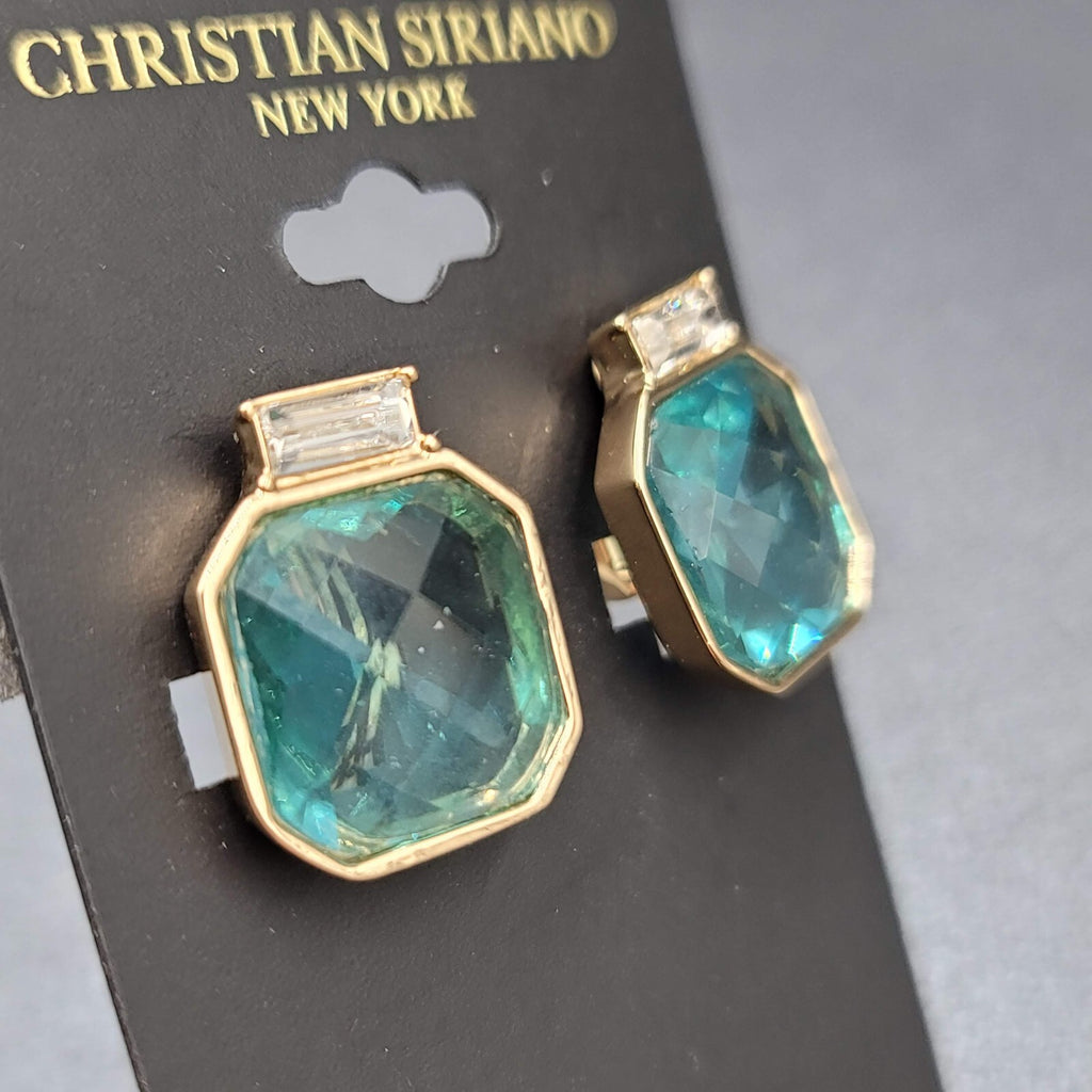 Christian Siriano New York Clip on Earrings Gold Plated Faceted Light Blue Glass