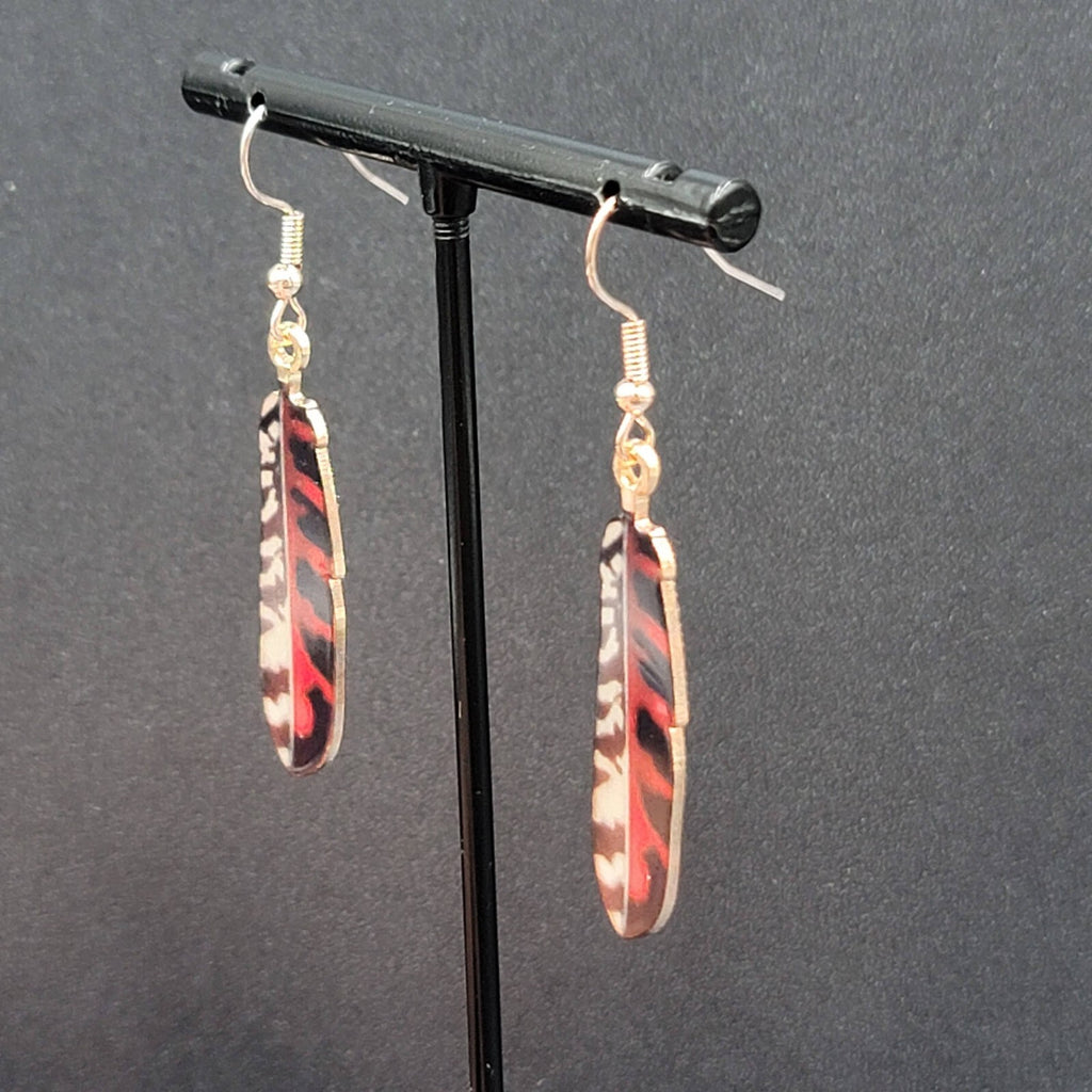 Metal Feather Pierced Earrings Red Black White Gold tone Dangle 1.5"