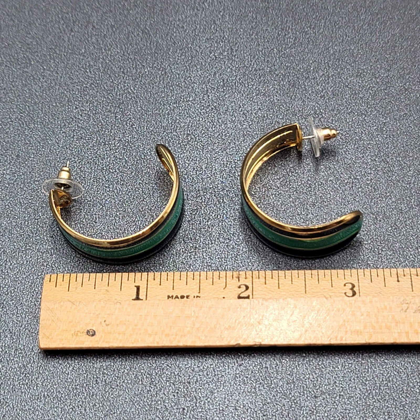 Vintage Pierced Earrings Gold tone Green Black Enamel Hoops 1.25"
