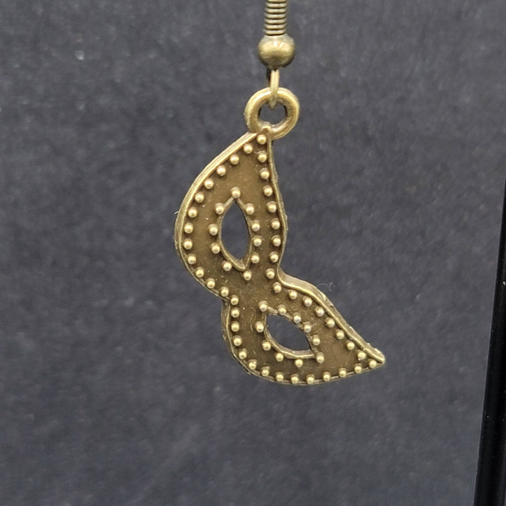 Masquerade Mask Pierced Earrings Bronze tone Metal Embossed Dots Dangle  1"