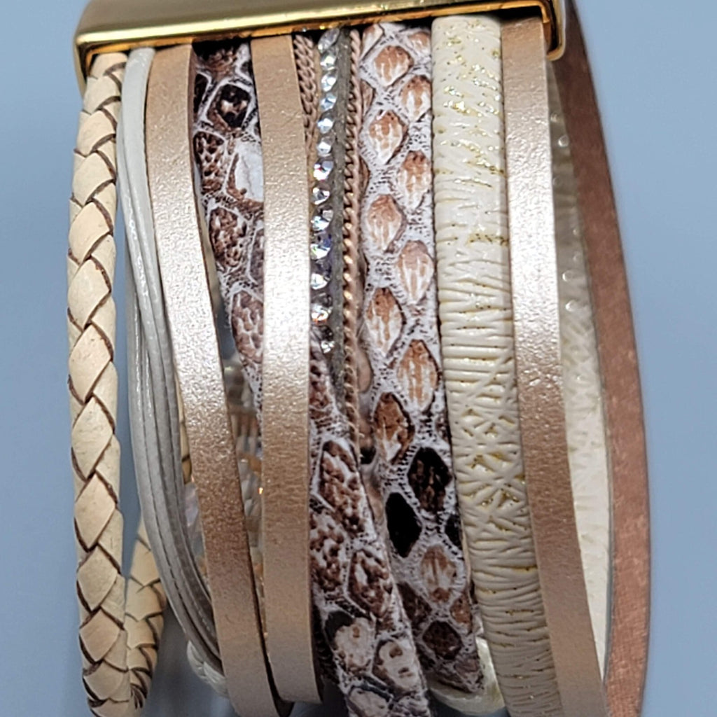 Wrap Bracelet Gold tone Tan Faux Leather Feather Charm Crystal Beads 6.5"