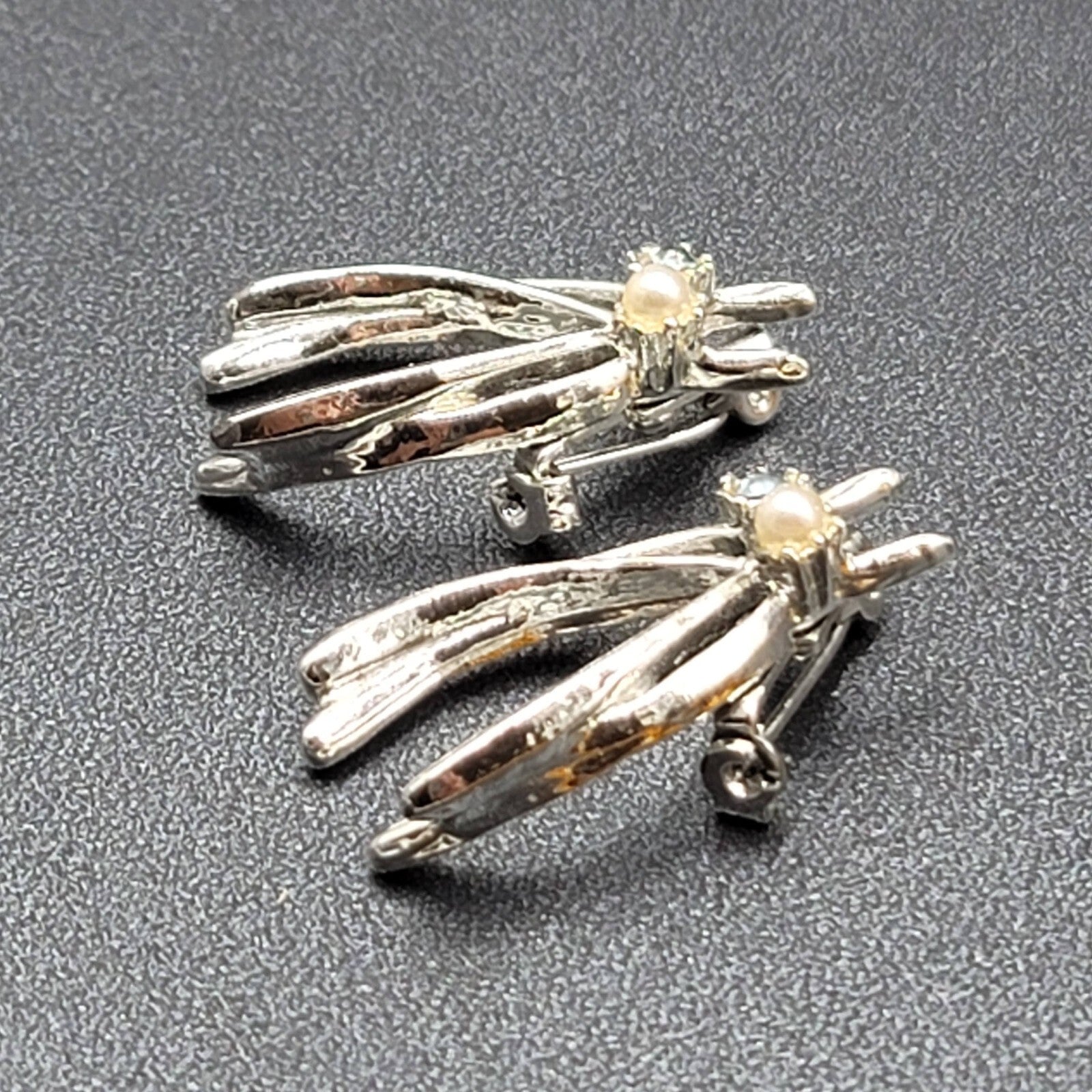 Vintage Double Lucky Wishbone Blue Rhinestone Pearl Brooch Lot Silver tone 1.25"