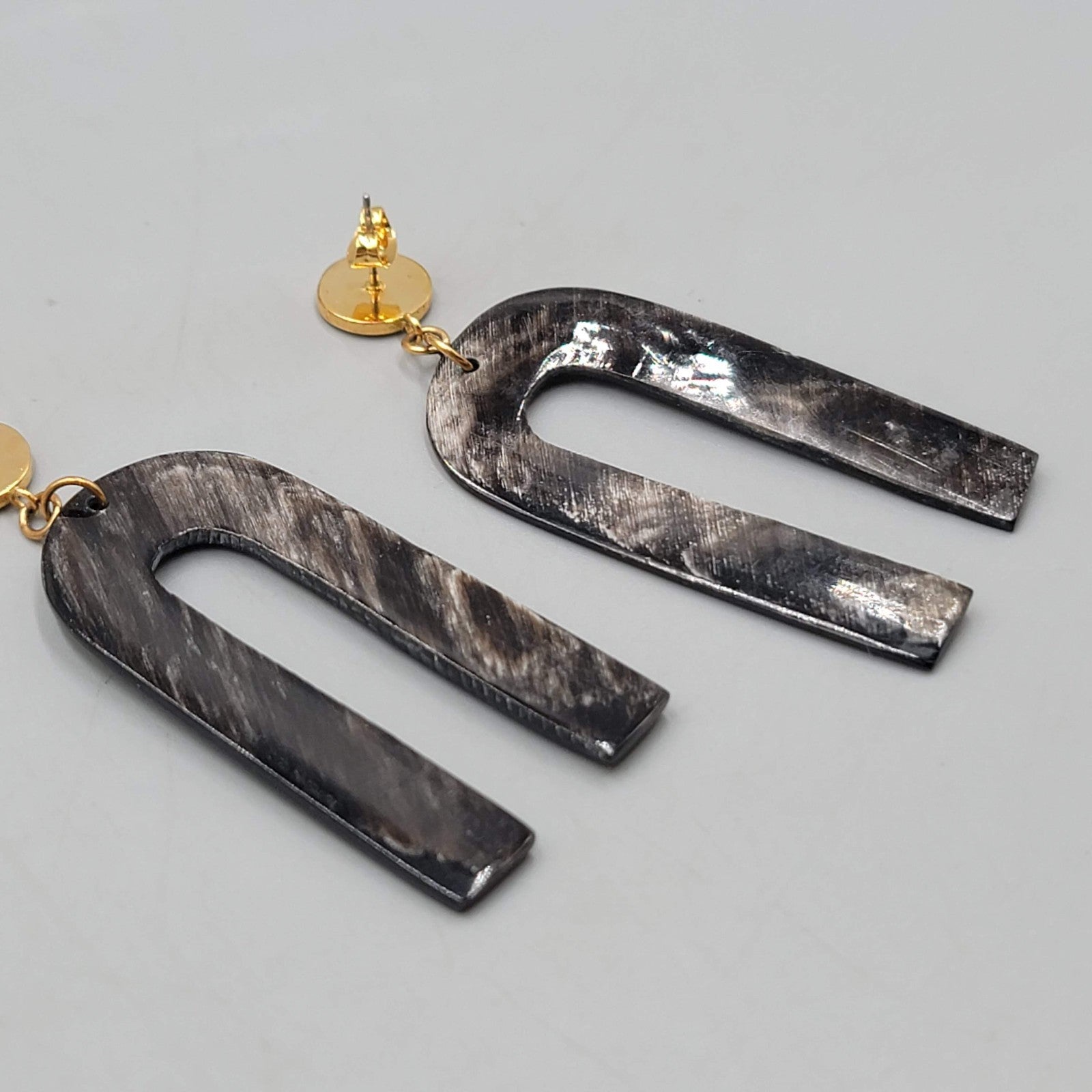 Carved Horn Statement Pierced Earrings Gold tone Dangle 2.5 in