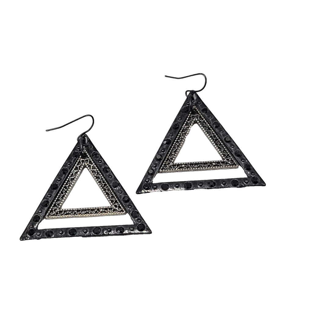 Black Enamel Double Triangle Pierced Earrings Dangle 1.75"