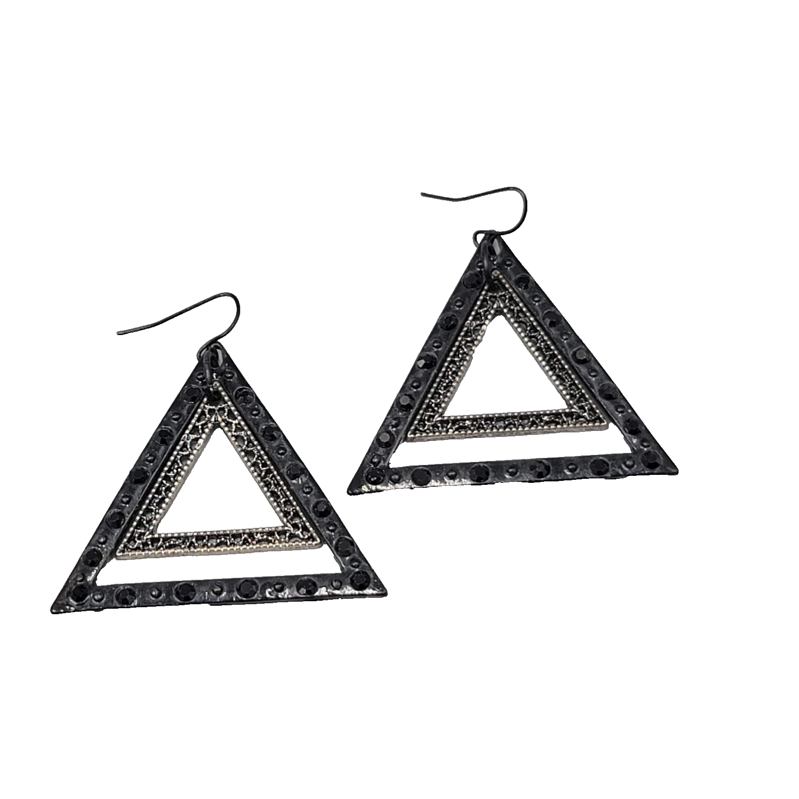 Black Enamel Double Triangle Pierced Earrings Dangle 1.75"