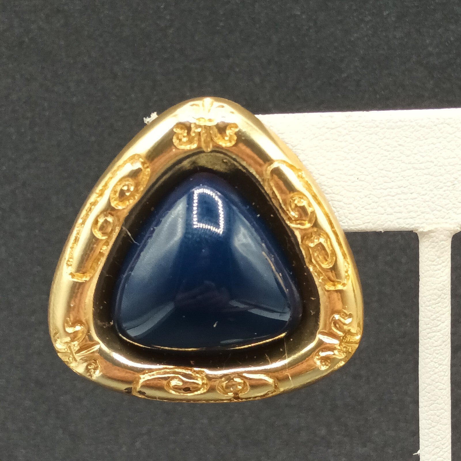 Vintage Clip on Earrings Gold tone Dark Blue Acrylic Soft Triangle Drop 1 3/8"