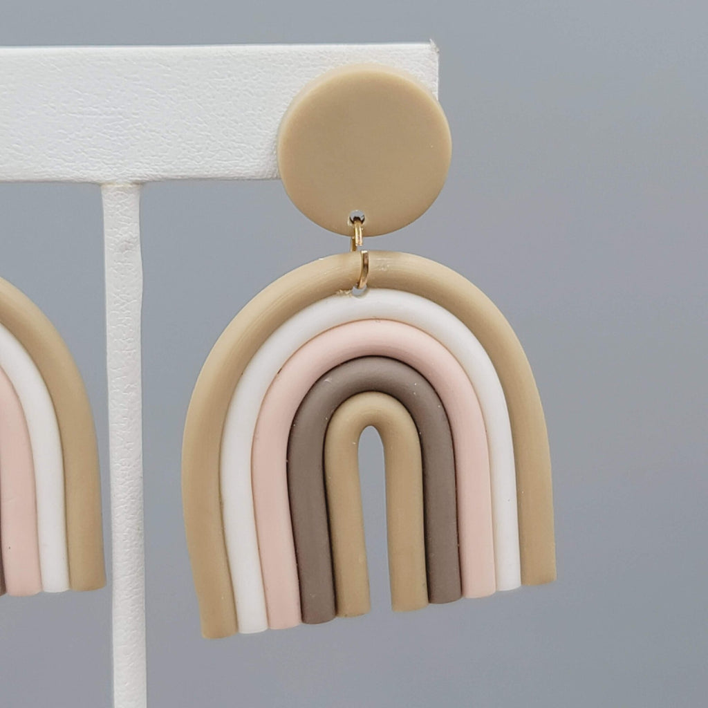 Polymer Clay Statement Pierced Earrings Tan White Pink Dangle 2.25"