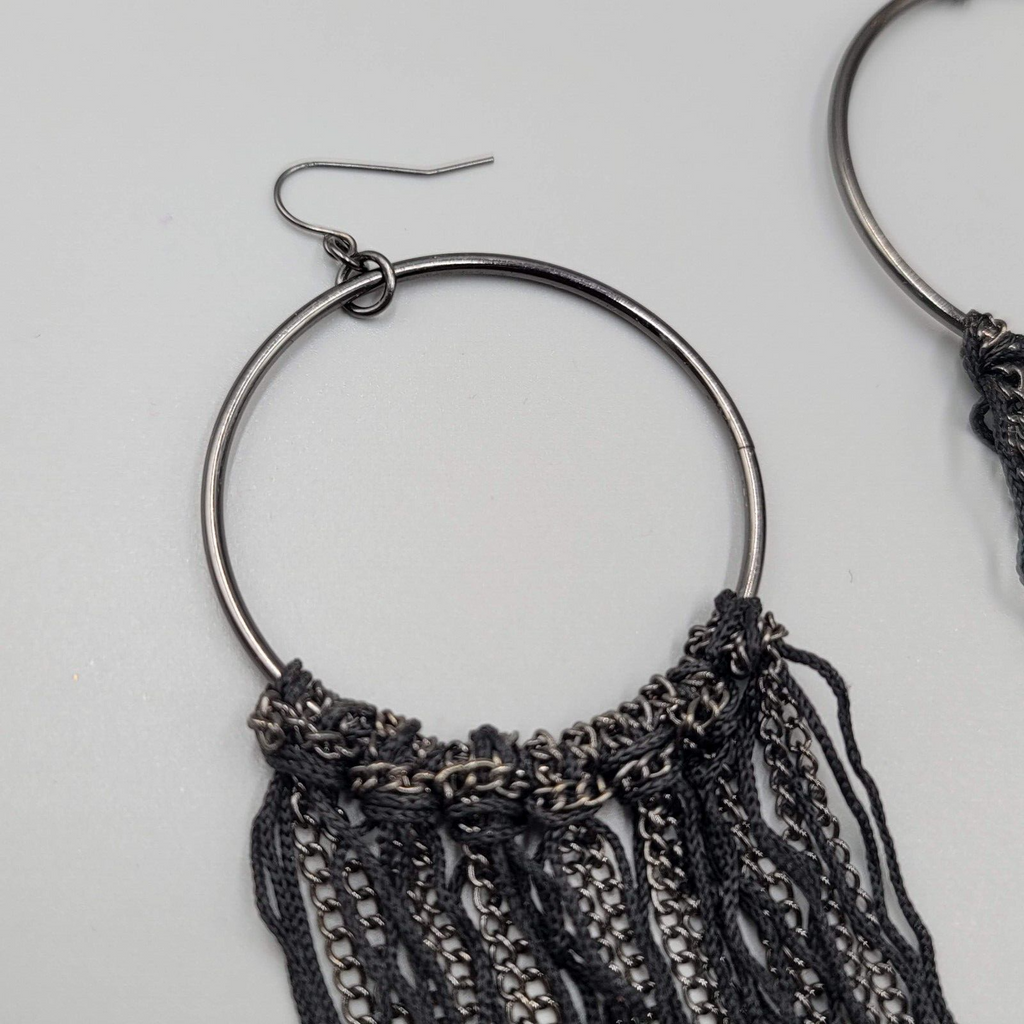 LONG Statement Pierced Earrings Black Silver tone Chains Punk Rock 6"