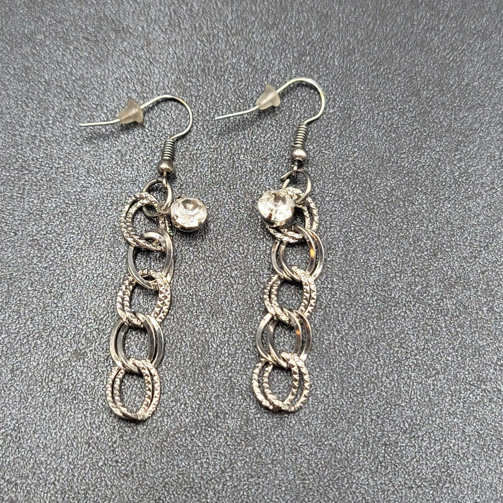 Pierced Earrings Hammered Dangle Chains Rhinestone 1.75"