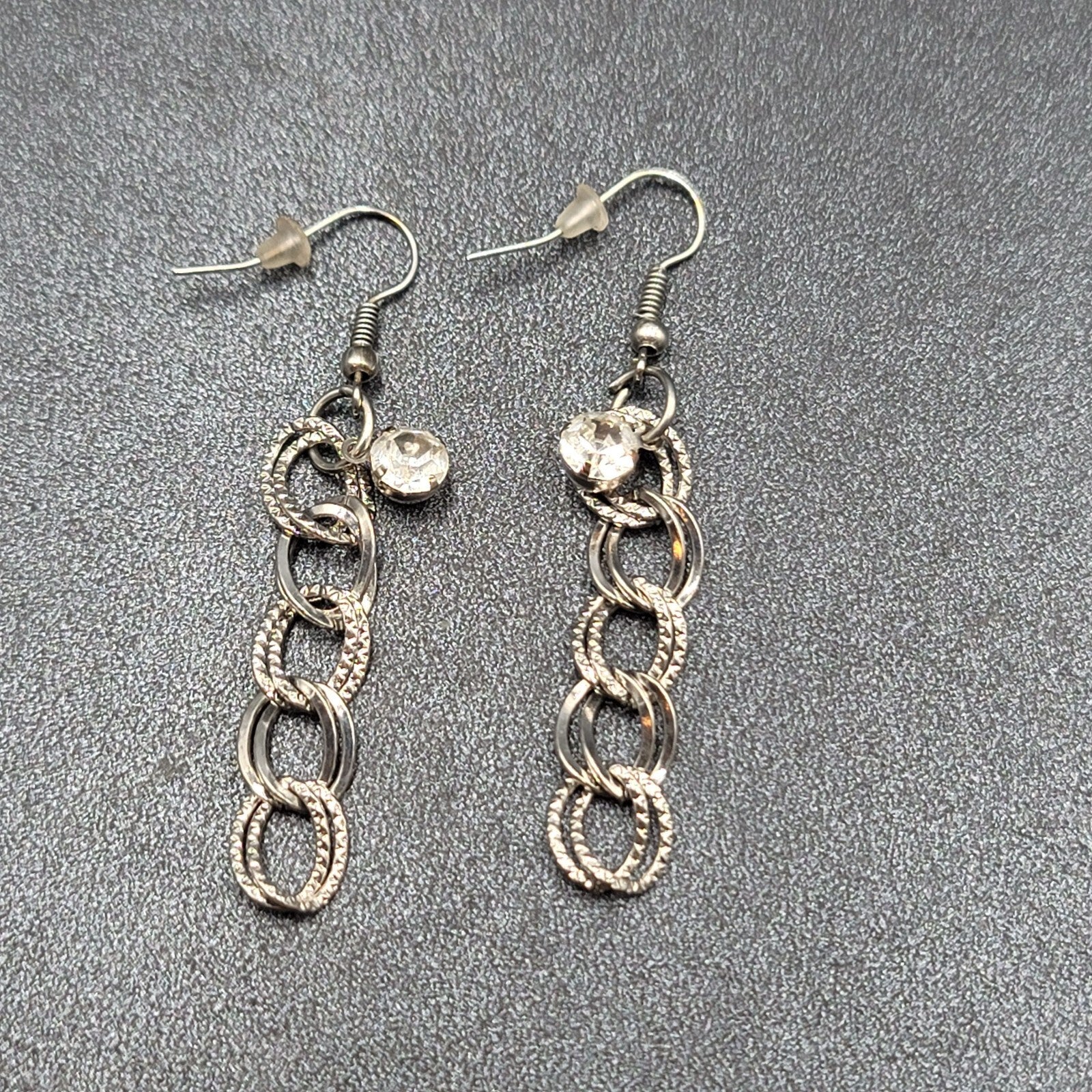 Pierced Earrings Hammered Dangle Chains Rhinestone 1.75"