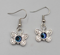 Butterfly Evil Eye Pierced Earrings Silver tone Blue Bead Dangle 5/8"