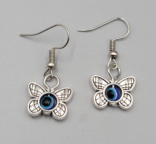 Butterfly Evil Eye Pierced Earrings Silver tone Blue Bead Dangle 5/8"