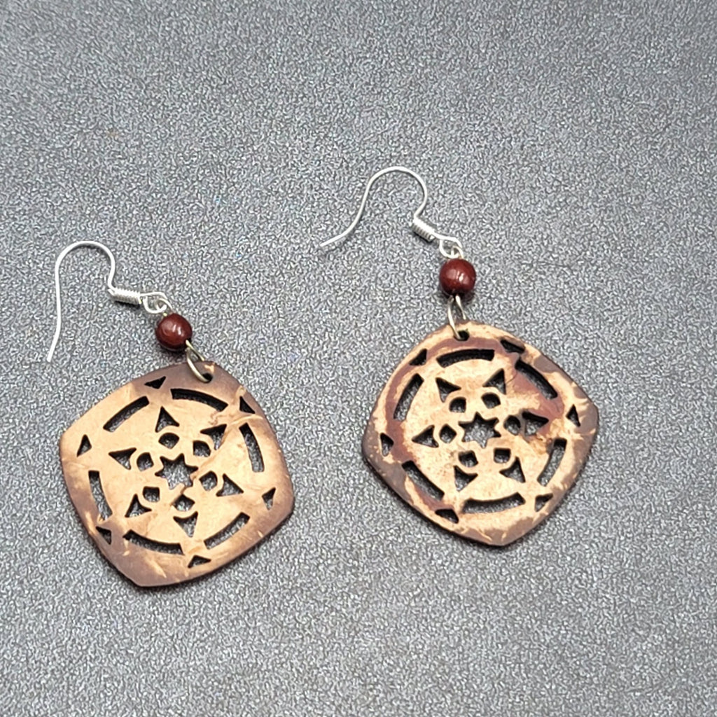 Pierced Earrings Silver tone Cut Coconut Bead Dangle 1.5"